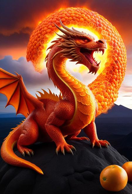 <lora: Orange And Citrus Style:0.9> A majestic Chinese dragon made entirely of blood oranges, fiercely breathing orange fire, perched on top of an erupting volcano spewing orange lava. The dragon's body is intricately sculpted from orange segments and citrus peel, glowing in radiant orange hues. Its head, made of large blood oranges, has citrus fruit eyes that shine brightly. From the dragon's open mouth, powerful bursts of orange flames emerge, merging with the erupting orange lava flowing down the volcano’s sides. The scene is set against a fiery orange sky, with swirling orange clouds and glowing lights. The volcano erupts with glowing streams of citrus lava, creating a dramatic contrast with the serene, surreal orange atmosphere. The entire composition is highly detailed, surreal, and magical. Ultra-detailed, anime-style, fantastical.