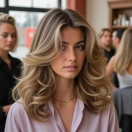 70s blowout hairstyle, voluminous vintage hair style for FLUX