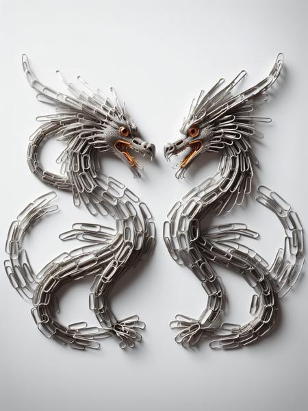 A dragon and a phoenix facing each other, each intricately designed from ais-paperclips <lora:Paperclips_Style_SDXL:1>.