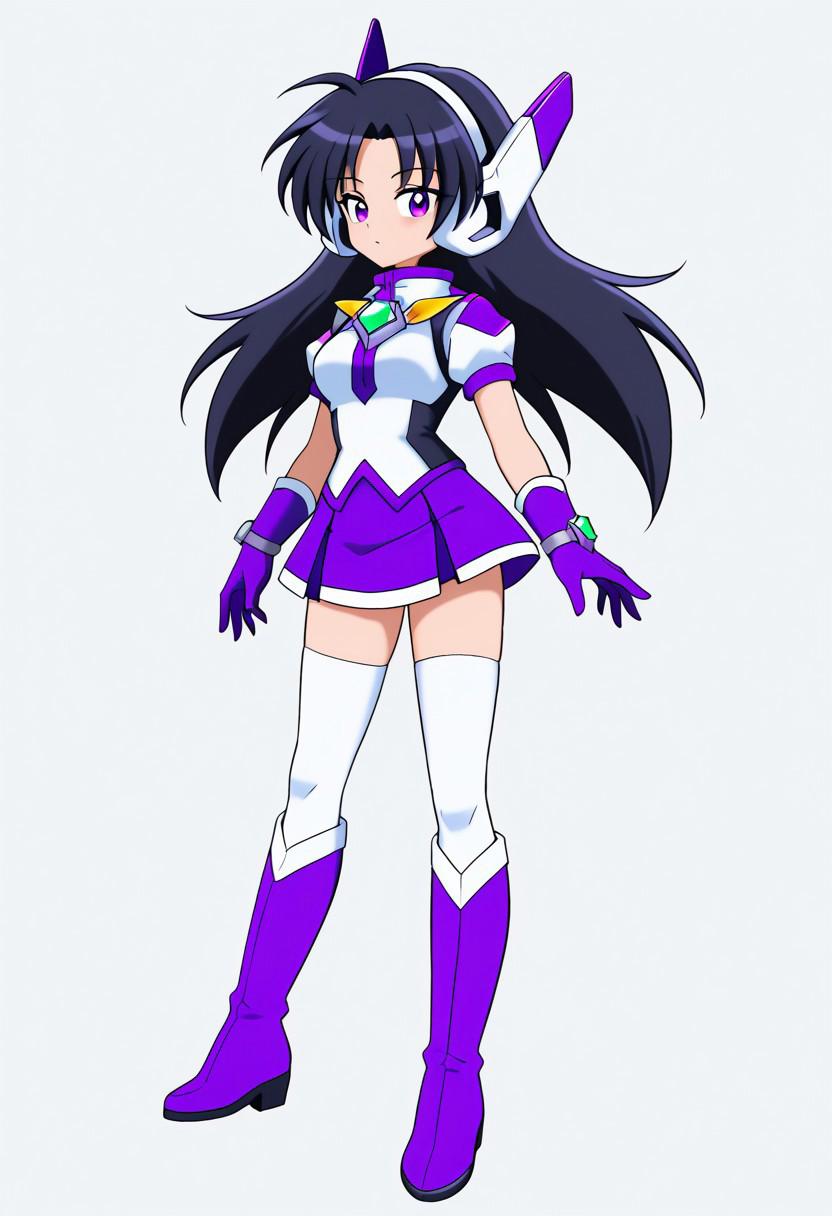 score_9, score_8_up, score_7_up, source_anime, good anatomy,purpswa, 1girl, solo, black hair, long hair, purple eyes, purswaoutfit, white and purple shirt, raised collar, white hairband, white and purple headphones, white and purple glove, wristband, green gems, purple skirt with white trim, miniskirt, white thighhighs, zettai ryouiki, white and purple boots, standing, full body, from side, side view