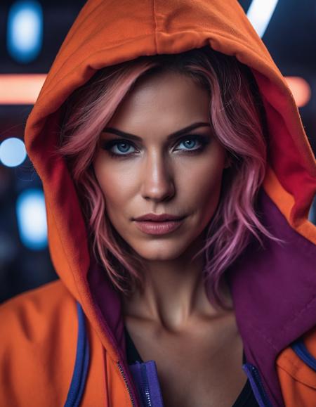 cinematic photo portrait of ((ohwx woman)) wearing an orange hoody, by don bluth. trending on artstation and deviantart pinterest photorealistic hd 8 k highlights & shadow detailed high resolution award winning photography red black purple neon colors octane render hyperrealism cinematic greg rutkowski mucha magali villeneuv lisa frank / apocalyptic color scheme warhammer 40 s retrofure style atmosphere evil fantasy intricate details portrait character concept fashion design   <lora:triciahelfer_dh128_v1:1> . 35mm photograph, film, bokeh, professional, 4k, highly detailed