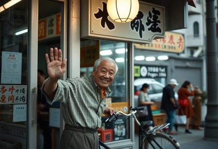 realistic, grainy photo, full body image, smiling old Asian man waving from from inside the store, the store has a sign that says "FONGS" , its daytime, there's a bicycle parked near the store and people inside, the street is visible in the photo, image taken from outside