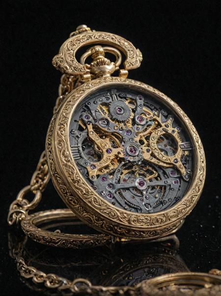 photo of a watch, pocket watch, complex inner structure, metallic lustre, black background, 35mm photograph, professional, 4k, highly detailed, intricate details, fine details, detailed textures