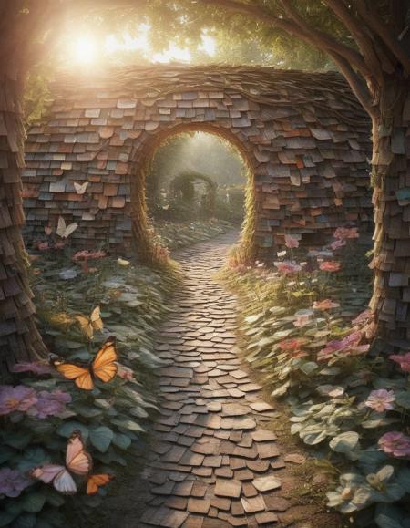 A magical garden where the flowers, vines, and butterflies are made from mad-shingles, under a soft, glowing sun. <lora:Shingles_SDXL:1>