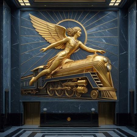 RetroBG. A monumental Art Deco interior lobby wall, depicting a gilded bas-relief of a winged female warrior (Valkyrie) soaring above a sleek 1930s streamlined locomotive. The background is cool-toned gray marble, with radiant sunburst lines behind the figure. Every surface shimmers with polished metal and black stone, exuding futuristic optimism as envisioned in the opulent age of the Roaring 20s. The darkest blacks contrast with the most brilliant gold, surrounded by geometric architecture, mechanical motifs, and heroic grandeur. Elegant lighting enhances the drama. Inspired by heroic propaganda murals and luxurious train stations.