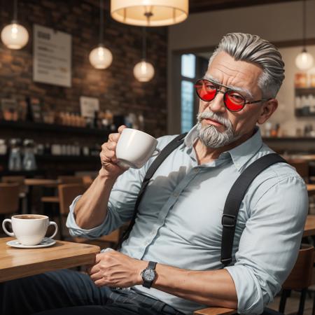 1boy,old man,<lora:Ballistic-000004:0.7>,white facial hair,red len sunglasses,holding cup,drinking_coffee,sitting,cafe,