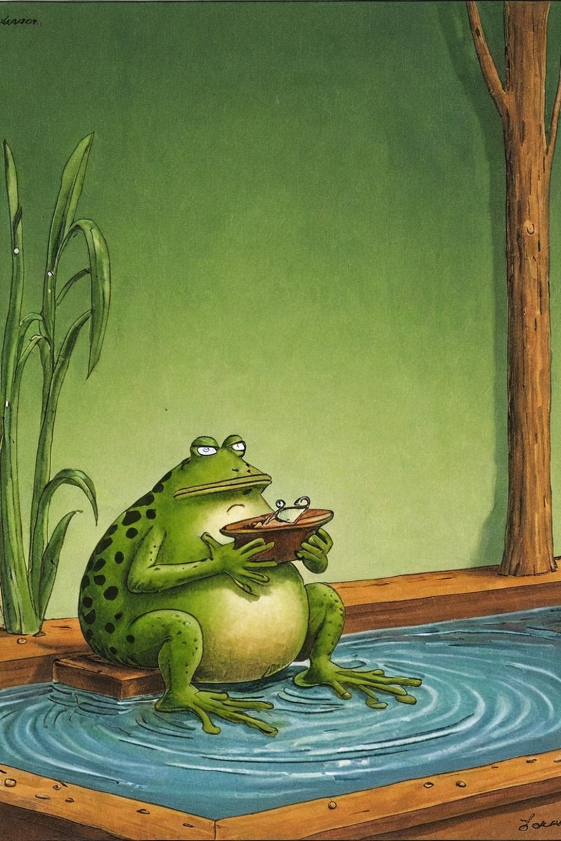 a color far side comic strip illustration of  a frog, by Gary Larson, <lora:Gary_Larson_Style_XL_Color_Far_side-000005:1>