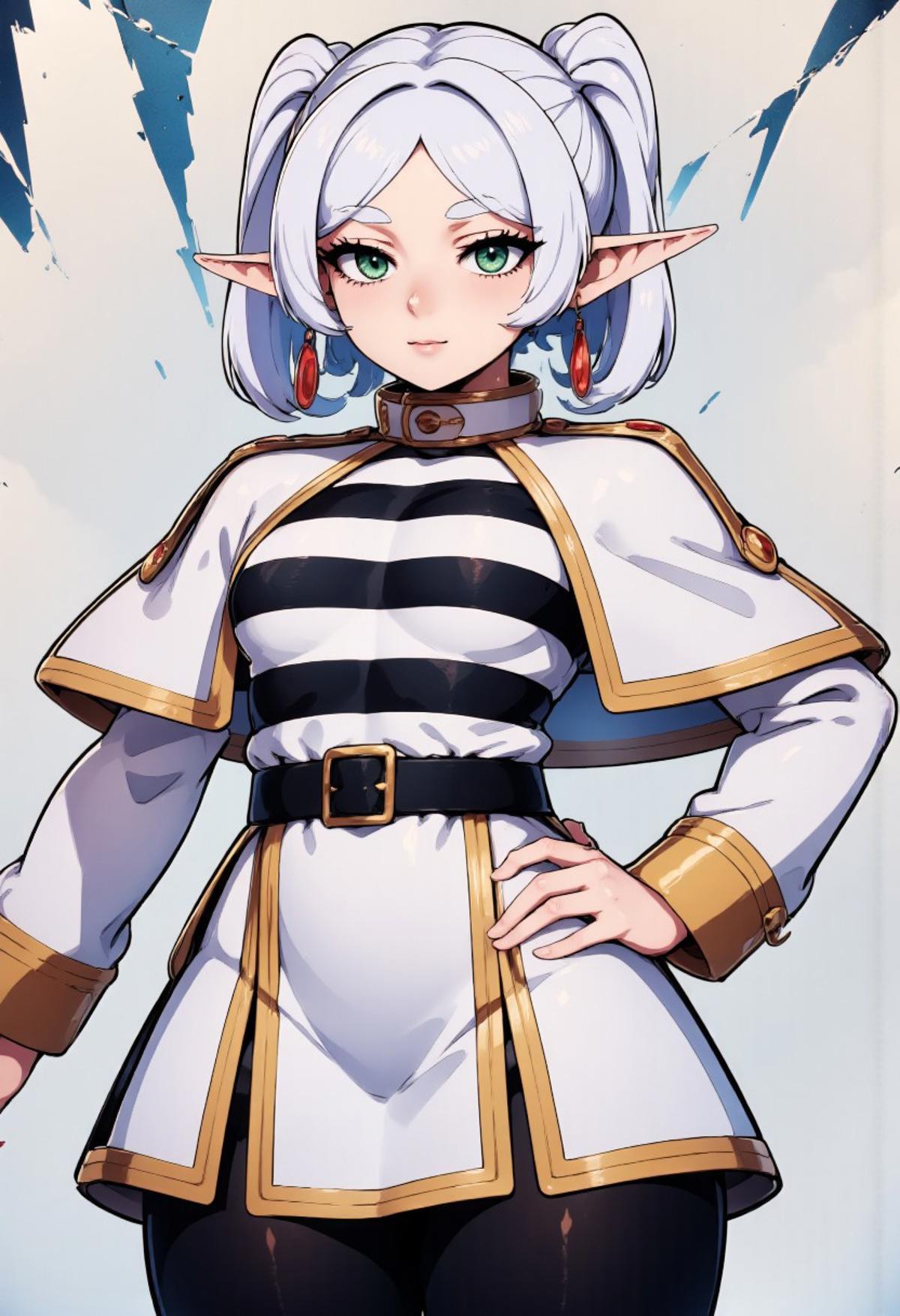 zzCitronCAT, 
nereirfpnxl, frieren, elf, pointy ears, green eyes, white hair, twintails,
shirt, long sleeves, jewelry, earrings, striped, capelet, striped shirt, white skirt, black pantyhose,
closed mouth, standing, collarbone, cowboy shot, hand on hip, contrapposto, 
abstract background,