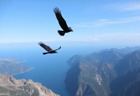 two blacks crows chasing an eagle high above a mountain-lined strait of water between two seas