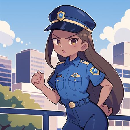 masterpiece, best quality, marikyuun, 1girl, dark skin, dark skinned female, police, police cap, brown hair, long hair, angry, police uniform, blue shirt, black tie, black pants, outdoor, city, building, white outline, <lora:marikyuun-20:0.7>