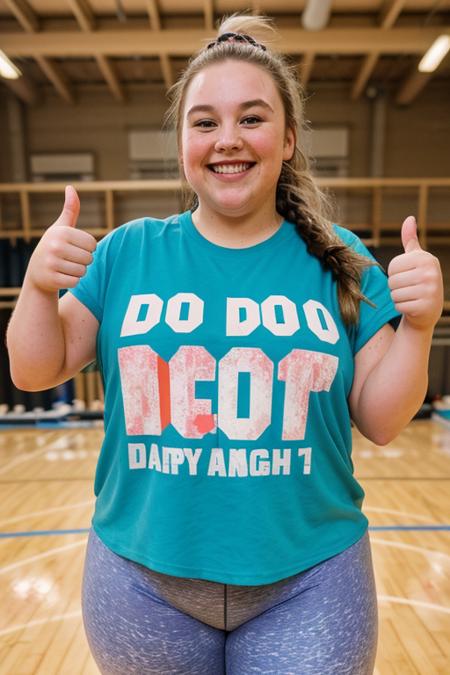 photo of a fat American girl, age 25, happy smile, motivated expression, messy ponytail, standing in gym, thumbs up,
wearing oversized t-shirt with "DO IT" written on it in large letters, wearing leggings,
masterpiece, professional photography, award winning, 35mm, portrait photo,
 <lora:emotion_happy_slider_v1:2> <lora:weight_slider_v2:1> <lora:skin_slider_v2_1_FACE:0.9>  <lora:detail_slider_v4:2> <lora:epiCRealismHelper:0.8>