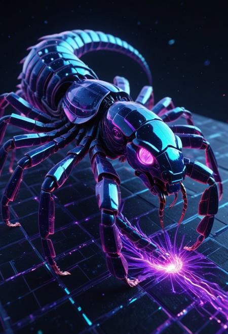 high quality,masterpiece,ultra-high resolution,incredible composition,extremely detailed, A majestic scorpion in close-up, its  glowing exoskeleton glitching with pixelated teal and violet artifacts, shimmering like a digital titan. Its fierce tail pulses with digital static, radiating icy power. The background is black desert, with fragmented neon grids and cascading glitch particles in indigo and crimson. Hyper-detailed, 8K resolution, with dynamic glitching effects and a futuristic vibe. codeandigital,, c0dean0igital,, cyberw0rlds,