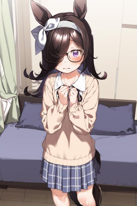 masterpiece, best quality, <lora:style21:1>,
1girl, horse ears, solo, horse tail, rice shower (umamusume), tail, animal ears, hair over one eye, horse girl, skirt, glasses, long hair, shirt, long sleeves, ribbon, purple eyes, indoors, pleated skirt, sweater vest, black-framed eyewear, white shirt, brown ribbon, black ribbon, collared shirt, closed mouth, hands up, curtains, neck ribbon, blush, blurry background, bangs, plaid, brown hair, aran sweater, looking at viewer, blurry, window, cable knit, hairband, bespectacled, wavy mouth, black hair, sweater, very long hair, brown bow, plaid skirt, puffy long sleeves, grey skirt, depth of field, hair ribbon, bow, semi-rimless eyewear, wooden floor, dress shirt, brown hairband, flying sweatdrops, puffy sleeves, standing, white ribbon, clenched hands, under-rim eyewear, hair bow, couch, bed, white hairband