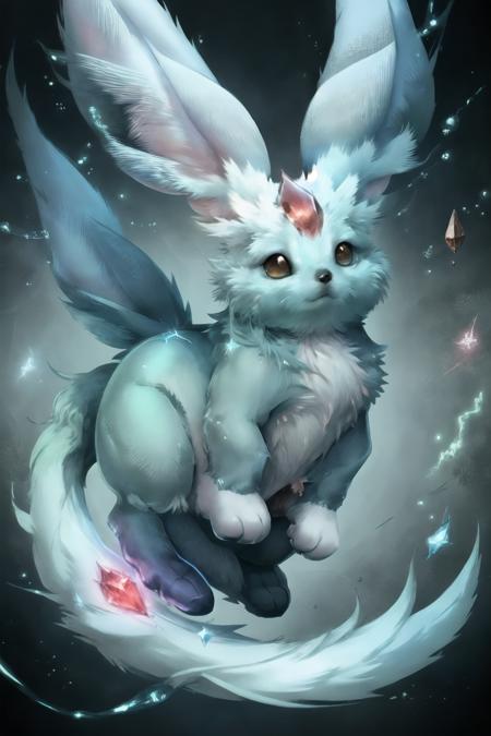 masterpiece,best quality,realistic,no_humans,carbuncle \(final fantasy\),furry,abstract background,ruby,gem,floating,energy swirling,<lora:Carbuncle_NF_V1:1>,