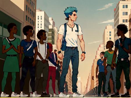 (masterpiece, official art), hieroglyph, 1boy, solo focus, blue hair, white shirt, black pants, shoes, full body, standing, people in background, big city background, <lora:hieroglyph-10_v6:0.8>