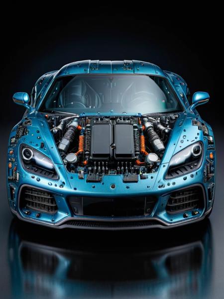 a fancy expensive sportscar with its hood open and motor made of ral-semiconductor <lora:ral-semiconductor:1>