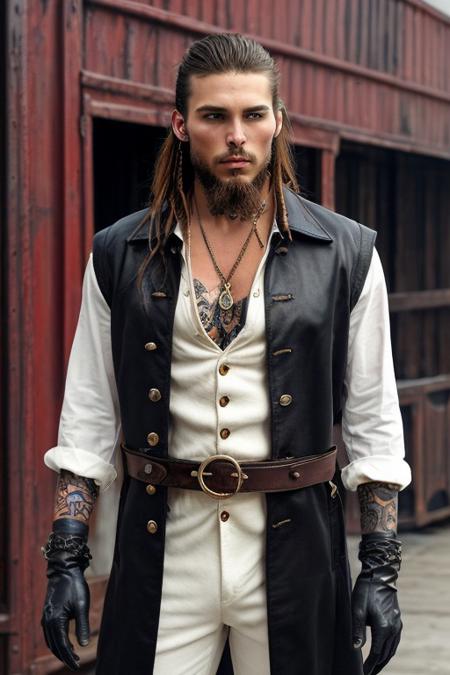 handsome sexy male pirate, realistic, jewelry, belt, necklace, bracelet, earrings, open vest/coat, shirt buttoned up, tattoo, boots, gloves, ship, ocean, dark hair in a ponytail, beard