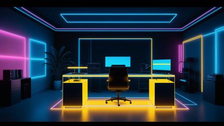 blue and yellow theme with 1980s neon, indoors, professional office, a singular professional CEO desk, desk is facing the camera, minimalist, vaporwave gradient lights, dusk theme, wide shot, wallpaper fusion, movie still, cinematic, wide shot , electric light wires, neon outlines, centered, cinematic lighting, foreshortening, dark, dark background, desktop wallpaper, 32k UHD, Canon EOS Mark IV, realistic, masterpiece, best quality