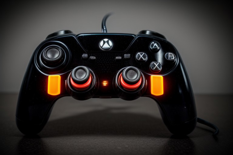 masterpiece, best quality, 8K, HDR, absurdres, intricate details, ciTron Legacy, photo of futuristic controller, neon details, controller, blurry background