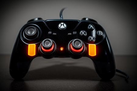 masterpiece, best quality, 8K, HDR, absurdres, intricate details, ciTron Legacy, photo of futuristic controller, neon details, controller, blurry background