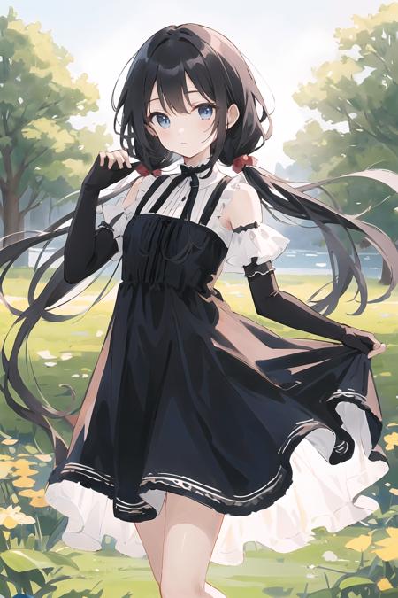 masterpiece, best quality, long hair, twintails, black hair, blue eyes, frilled dress, elbow gloves, outdoors, hand on hip,