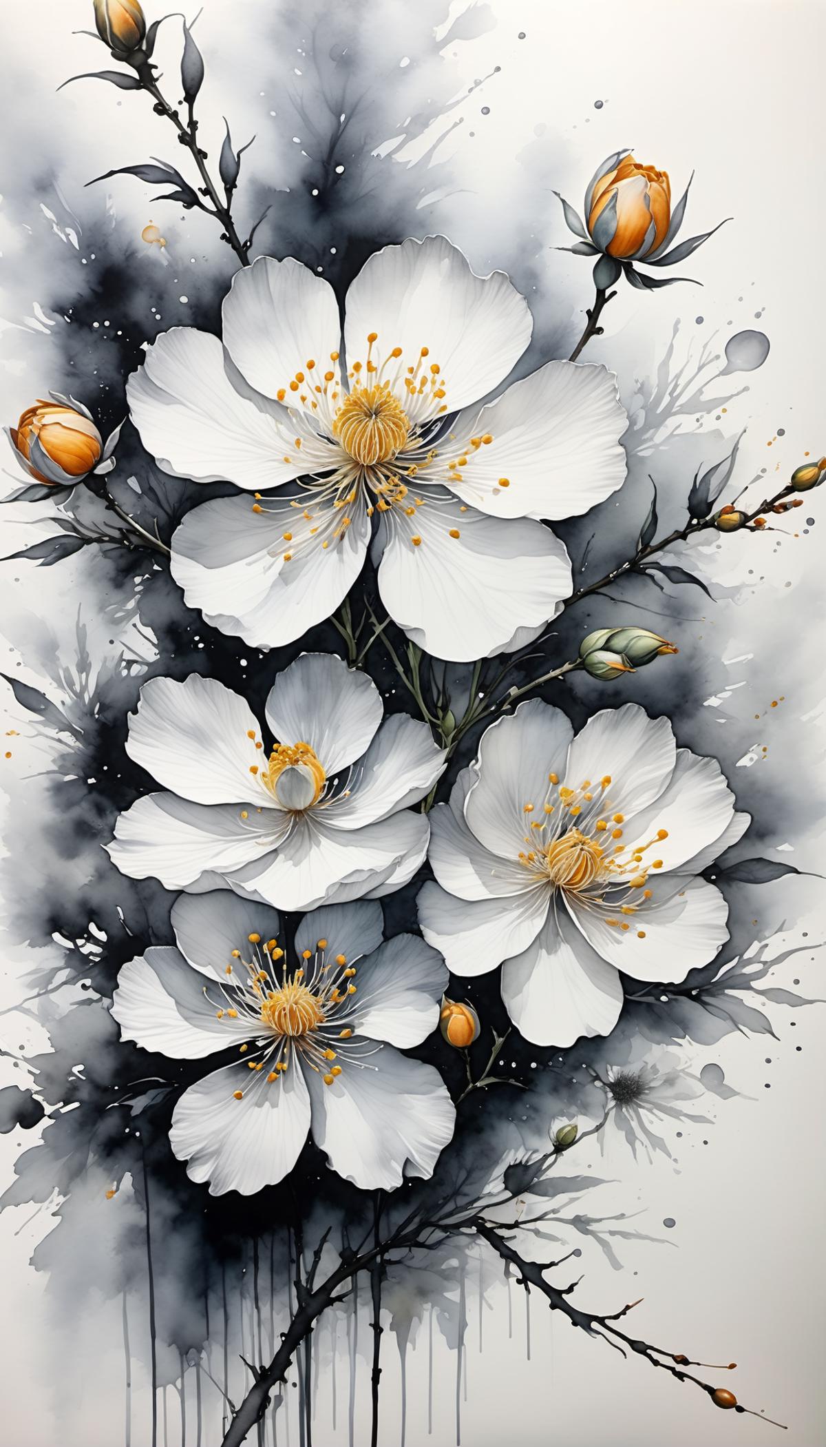 A Black and White Painting of White Flowers with Yellow Centers