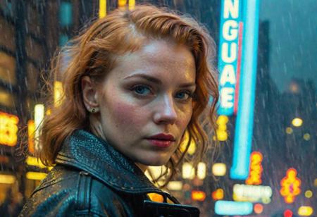 book cover of a (Movie Still), vintage return of the cyberpunk army in neon city, raining, cinematic lighting, 4 k, by greg rutkowski, ((wide shot)), (estabilshing shot), city street shot, (full body), ((looking to the right), looking away, neon, fog, volumetric, young ginger woman, pale skin, blue eyes, in dark leather clothes, Aligned eyes,  Iridescent Eyes,  (blush,  eye_wrinkles:0.6),  (goosebumps:0.5),  subsurface scattering,  ((skin pores)),  (detailed skin texture),  (( textured skin)),  realistic dull (skin noise),  visible skin detail,  skin fuzz,  dry skin,  hyperdetailed face,  sharp picture,  sharp detailed,  (((analog grainy photo vintage))),  Rembrandt lighting,  detailed face,  8k resolution, <lora:epiNoiseoffset_v2-pynoise:-1>