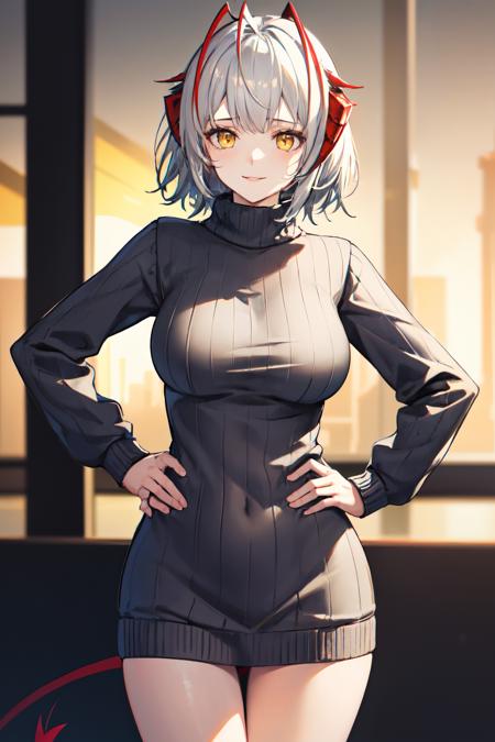 <lora:w_arknights:0.7>w arknights, 1girl, yellow eyes, short hair, grey hair, solo, demon horns, ribbed sweater, sweater dress, large breasts, thighs, hand on hip,standing, hand on hip:1.3, smile  perfect hands, good hands, facing viewer, depth of field, bokeh, telephoto,