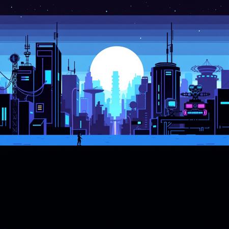Monochrome pixel art high-tech background, inspired by the Chrome Dino game. Minimalist 8-bit style with clean, glowing blue and purple neon aesthetic, creating a futuristic, cyberpunk vibe design. Elevated flat ground with a futuristic, sci-fi cityscape in the background. Blocky skyscrapers, antennas, glowing panels, and cables stretching between buildings. Distant satellite dishes and robotic structures. Ground remains simple with a smooth, slightly elevated surface, maintaining the original Dino game's aesthetic. Low resolution, simple shading, clean outlines, retro side-scrolling platformer style. Also have a night sky with stars.
