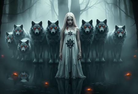 In the shadowy heart of an ancient, mist-laden forest, a pale, ethereal girl with long, silver-white hair stands amidst the fog. Blood spatters stain her delicate, flowing white dress, contrasting sharply with the intricate, black sigil of a five-pointed star emblazoned on her chest. Her eyes, glowing an unsettling crimson, fixate on the viewer with an eerie, hypnotic intensity.
Surrounding her in a protective circle are twelve sleek, spectral wolves, their fur shimmering in shades of deep indigo. Each wolf’s eyes burn with the same crimson glow as the girl’s, and around their necks hang silver medallions etched with ancient runes, each bearing a unique name. The dark, swampy ground beneath their feet is reflected in the glassy, still waters, broken only by the faint ripples of the wolves’ movements. The scene is bathed in an otherworldly light, with soft refractions and ghostly glows illuminating the mist and casting an eerie, supernatural glow over the entire tableau.