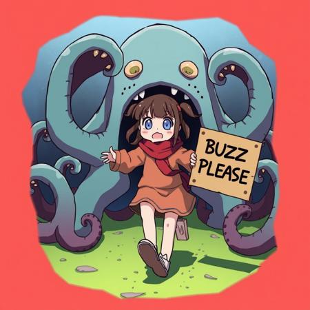source anime,1girl,running away,scared,
text:buzz_please, tentacles monster holding cardboard, holding sign