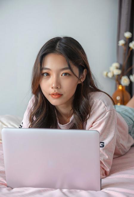DSLR-style, slender, elegant 26-year-old Korean model, translucent pale skin with natural texture, soft shadow on cheek, diffused daylight from side, parted lips, masterpiece, ultra high-res  
<lora:NOOB_vp1_detailer_by_volnovik_v1:1>
barely visible pores, subtle skin texture variation, translucent skin tone, full body. 
"A young woman with long, wavy brown hair is lying on her stomach on a pink bed, propped up slightly with a pillow. She is wearing a light pink sweatshirt with black text on the sleeves and a light blue garment underneath, She is looking directly at the viewer with a soft expression. In front of her is a white laptop with an LG logo visible. Behind her, to the right, is a brown and gold vase holding artificial white flowers, and a glimpse of a dark grey curtain. The background is a plain white wall."
) (masterpiece:1.4), (