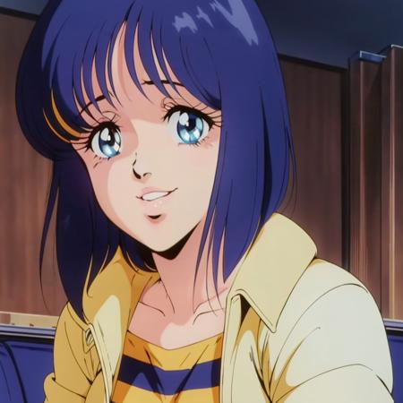 MZ1YumekanouMai,1girl,blue hair,short hair,blue eyes,retro artstyle,1980s (style), yellow jacket,horizontal striped shirt,collarbonea,  mini skirt,