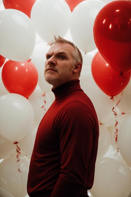 GregDavies, fashion portrait photo of handsome man from the 60s wearing a red turtleneck standing in the middle of a ton of white balloons, taken on a hasselblad medium format camera
 <lora:GregDaviesLora:1.2>