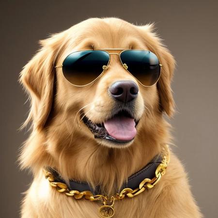 A golden retriever with gold chains and aviator sunglasses, in a boxing pose