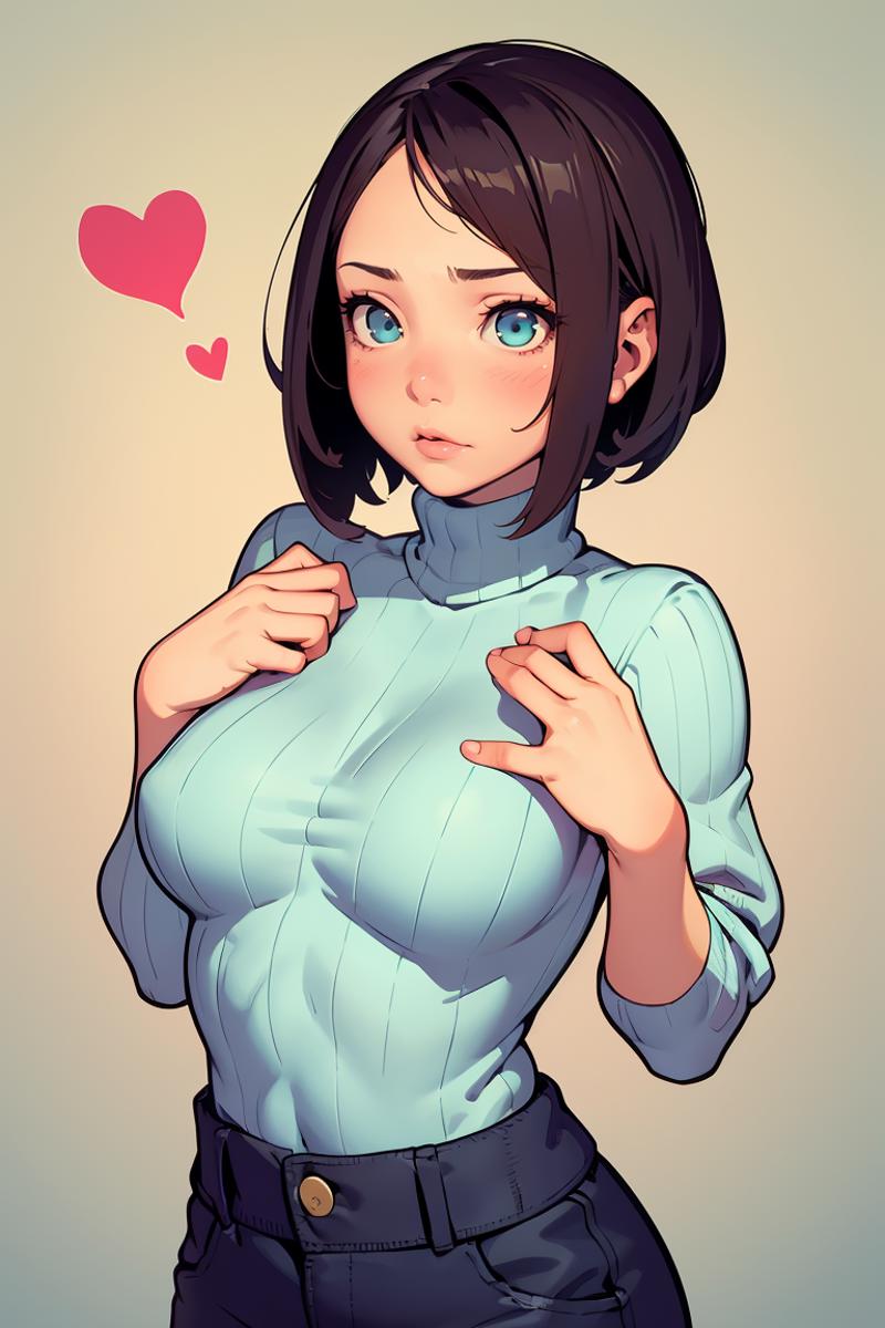 Anime illustration of a woman with a heart above her head in a blue sweater.