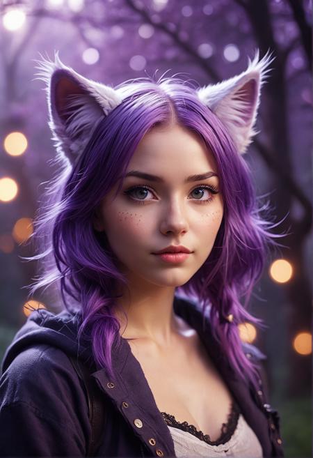 beautiful fluffy animal, best illumination, best lighting, purple hair, foggy, dark photo, pretty face, cat ears, movie still, highly detailed CG illustration, painterly, magic circle, analog style, small breasts, field, light bokeh, cinematic still, masterpiece,best quality, luminous, Film grain, slate atmosphere