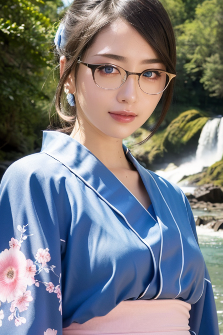 1girl,(wearing a gorgeous yukata with floral pattern:1.3),(in the countryside in Japan),(river and waterfall in the background:1.3),(forest scenery:1.2),greeneries and fresh nature,(RAW photo, best quality), (realistic, photo-realistic:1.4), masterpiece, an extremely delicate and beautiful, extremely detailed, 2k wallpaper, Amazing, finely detail, extremely detailed CG unity 8k wallpaper, ultra-detailed, highres, soft light, beautiful detailed girl, extremely detailed eyes and face, beautiful detailed nose, beautiful detailed eyes,cinematic lighting,perfect anatomy,slender body,(hair flowing by wind),bokeh,instagram beauty filter,dynamic angle,instagram beautify filter,flawless skin,(smiling),(wearing glasses:1.2)