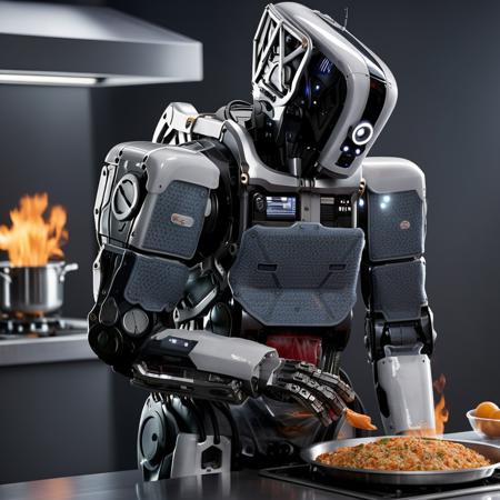 a robot, cooking, photography, highly detailed, sharp focus, trending on artstation, studio photo, intricate details, highly detailed, by greg rutkowski  <lora:Mother1024:0.8>