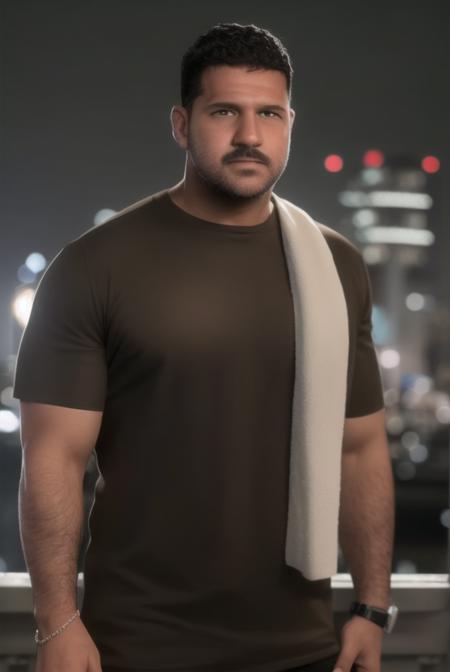 <lora:bogg_dann:0.8>, bogg dann, masterpiece, best quality, 1boy, solo, male focus, shirt, wristwatch, watch, facial hair, night, outdoors, black hair, closed mouth, short sleeves, building, realistic, blurry, brown shirt, t-shirt, photo background, upper body, standing, sky, towel on one shoulder, towel, striped,