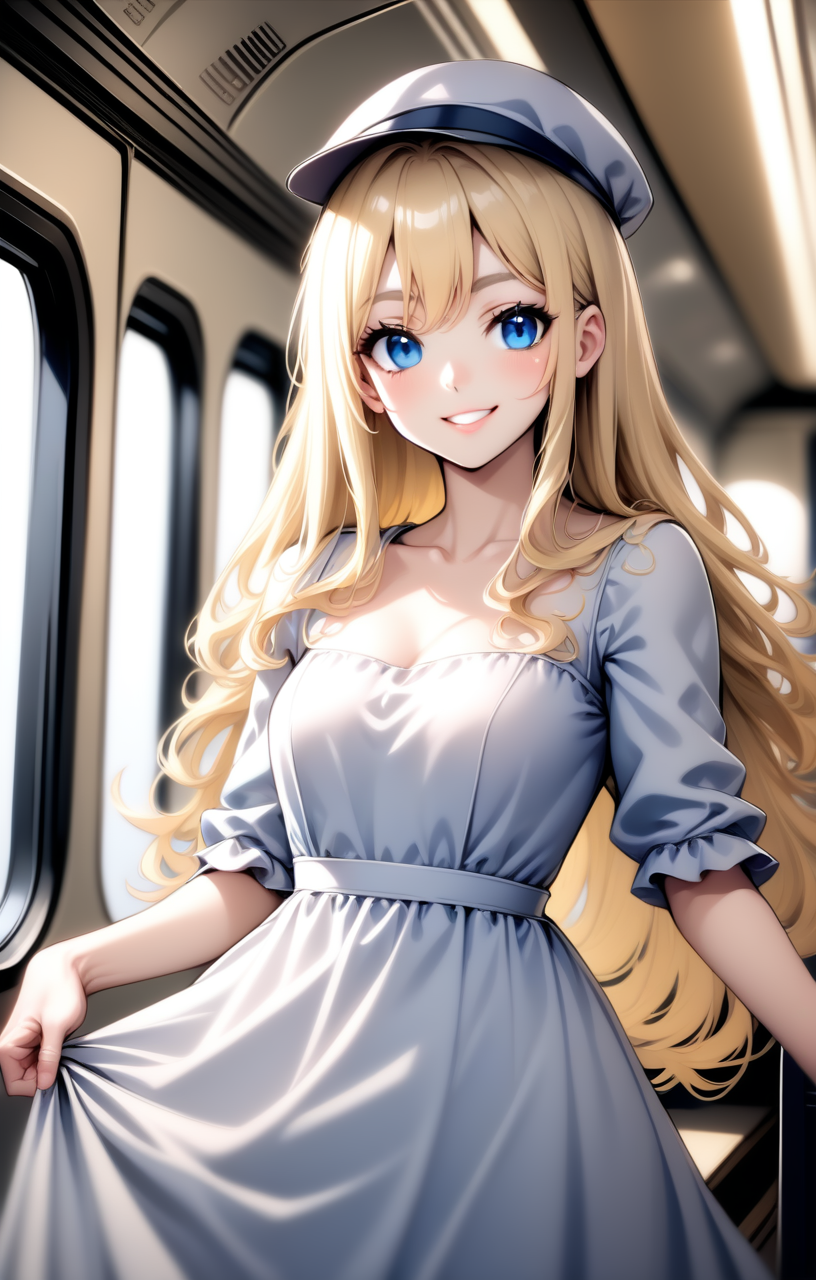 1girl, long hair, blue eyes, blonde hair, upper body, smile, dress, train interior, hat,