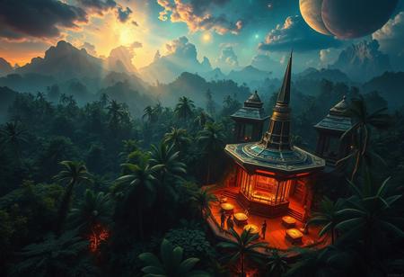 A nightclub in the middle of the jungle, view from above, in the style of an oil painting, scifi, cosmic, astral, ziggurat