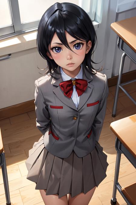 masterpiece, best quality, <lora:rukia-nvwls-v1-000010:0.9> kuchikirukia, bowtie, grey blazer, grey skirt, school, classroom, cowboy shot, looking at viewer, furrowed brow, from above