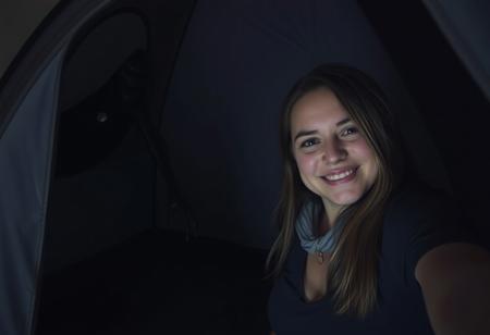 A woman taking a selfie inside a small modern tent at night. She is smiling for the camera and winking. Behind her is the wall of the dark tent illuminated by the camera flash. In the top left of the image the sheer and partially see-through mesh of the tent is visible. A scary disturbing eerie creature of some sort is barely visible through the mesh in the top left of the image and is leaning over the outside of tent. The woman taking the selfie is oblivious to its presence since it is outside and not easily visible in the image. The creature is tall and strange and very dimly lit by moonlight but is primarily visible via its silhouette.