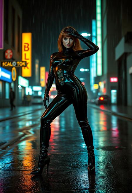 latex Fetish style modelshoot , 1993 ,bladerunner , robert T techno style, neon, chrome and gold , rain , full body pose, High heeled boots