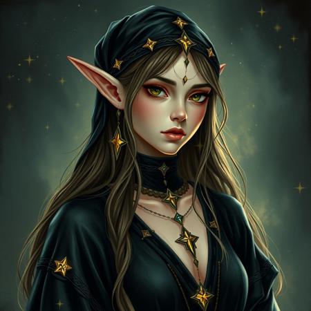 The woman in this picture is a druidic elf. She is wearing black garbs with pretty stars on them.
The art style is astral, high quality and beautiful.