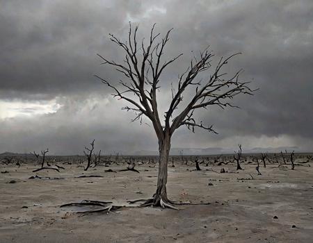 A dead tree, sanding alone in a wasteland of volcanic ash under a gray sky <lora:SDXLHighDetail_v5:1>