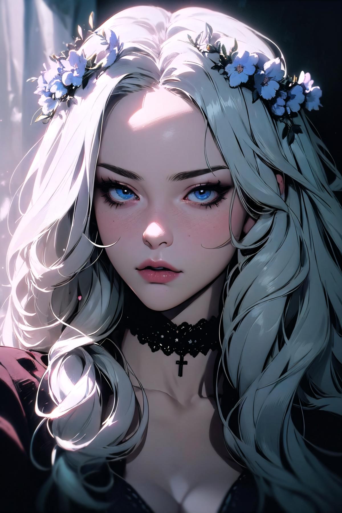 A beautifully illustrated image of a woman with long blond hair wearing a necklace and blue eyes.