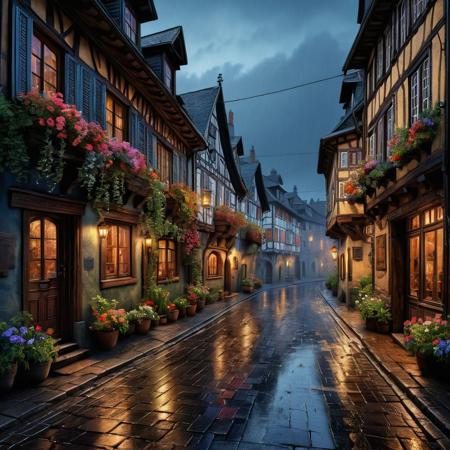Ultra realistic deep and saturated color pencil drawing of a street of an old Bohemian town, with half-timbered houses and rain wet streets and flowers in the windows.
BREAK 
Deep dark intense midnight blue misty background, Dark theme, dynamic lighting, (soft shadows), (soft focus), (photo realistic), extreme details, uhd, 8k