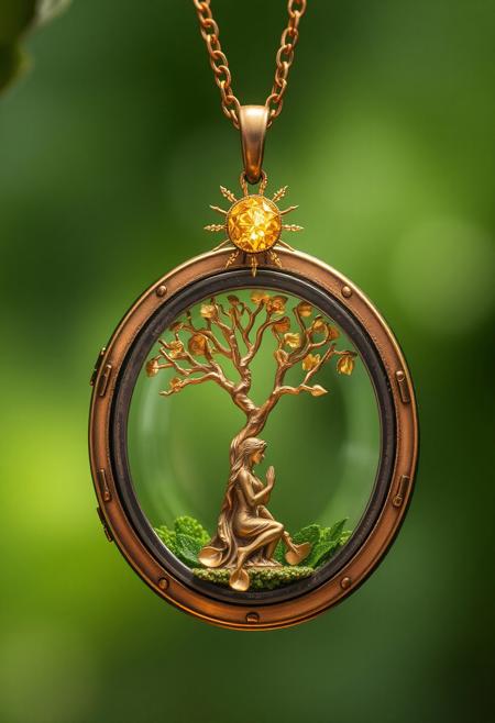 A delicate, hyper-stylistic necklace and locket, crafted from the very essence of nature, lies before us. The necklace, a intricate, woven chain of vines and leaves, represents the lush, vibrant foliage of the natural world. The locket, a beautifully crafted, miniature tree, stands as a symbol of the harsh, yet beautiful, power of nature. At the base of the tree, a tiny, golden woman kneels in reverence, her hands clasped in prayer. Above the tree, a radiant, yellow diamond sun glows, casting a warm, ethereal light over the entire scene. The diamond sun is surrounded by delicate, etched rays, adding a touch of precision craftsmanship to the locket. Every detail of the locket is meticulously rendered, from the delicate, branching limbs of the tree to the tiny, shimmering leaves that rustle in the breeze. The overall effect is one of breathtaking, organic beauty, as if nature itself has been distilled into this exquisite, wearable work of art. highest-Quality, intricate details, visually stunning, Masterpiece